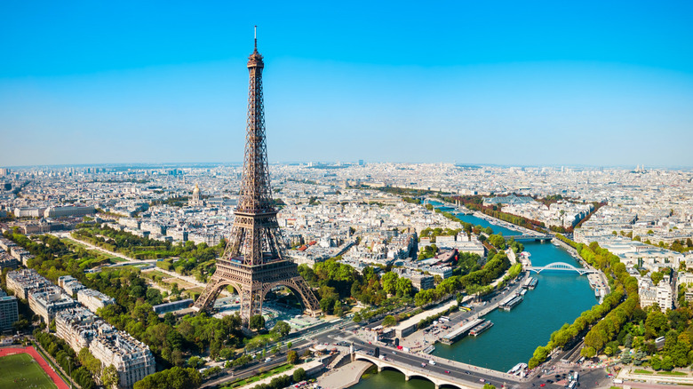 Eiffel Tower aerial view surrounded by cityscape