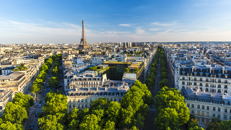 Paris skyline with Eiffel Tower in distance