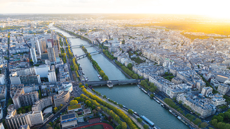 The Seine River and surrounding city from above at sunset