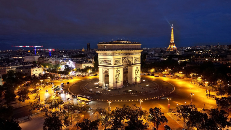 Arc de Triomphe at night aerial view