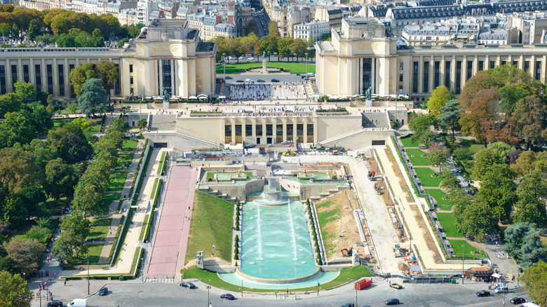 Aerial view of the Trocadéro, fountains, and gardens