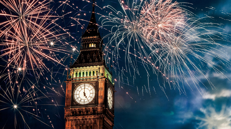 Fireworks around Big Ben on New Year's Eve