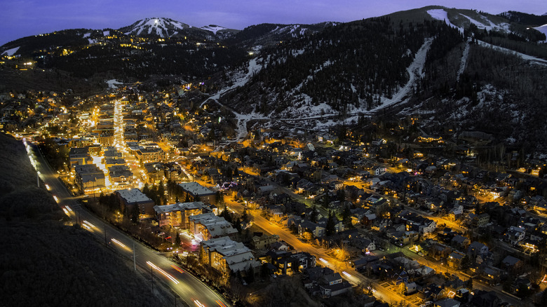 A view of snowy Park City, Utah, at dusk