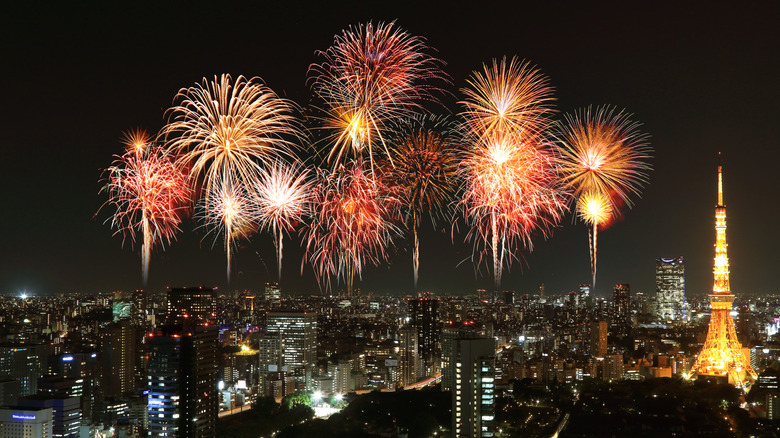 Fireworks over the Tokyo skyline