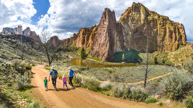 family hiking at Smith Rock State Park in Oregon