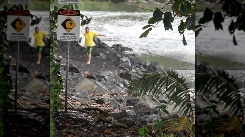 A surfer walking away from the water with a surfboard at Honoli' beach