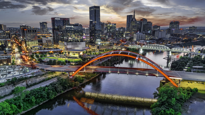 Nashville cityscape at sunset