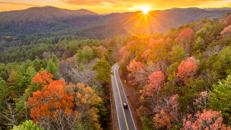 solo car on the road Smoky Mountains