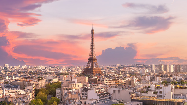 sunset over Paris with Eiffel Tower prominent