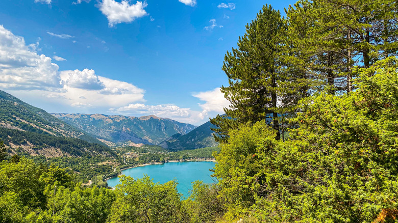 A scenic photo of a viewpoint looking down onto a lake, mountains and trees