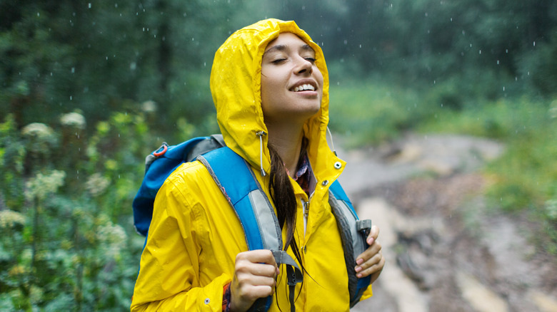 Female hiker in the rain