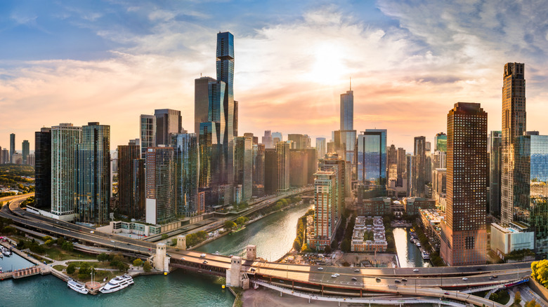 Aerial panorama of Chicago, Illinois skyline at sunset