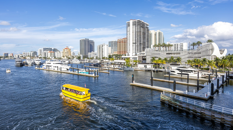 Fort Lauderdale skyline at Las Olas Marina with boats