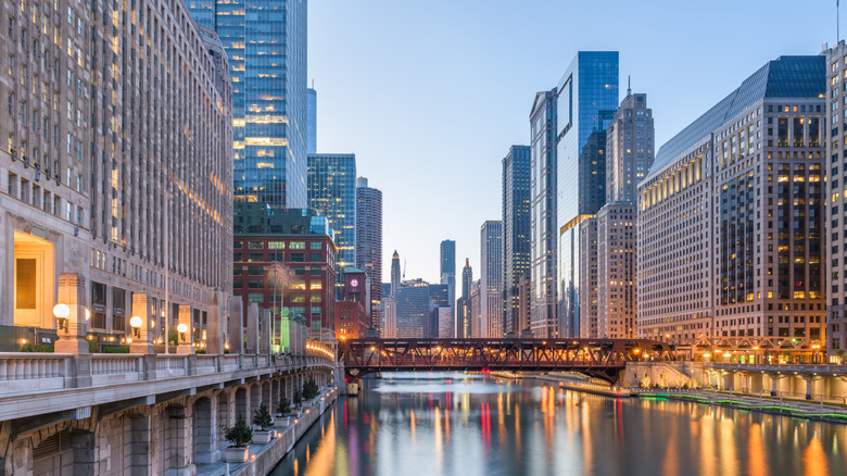 Chicago, Illinois cityscape on the river at twilight.