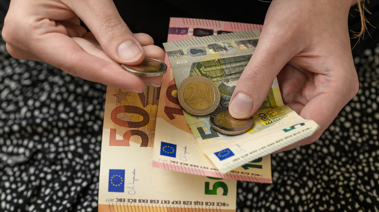 A close-up shot of a woman's hands counting Euro bills and coins
