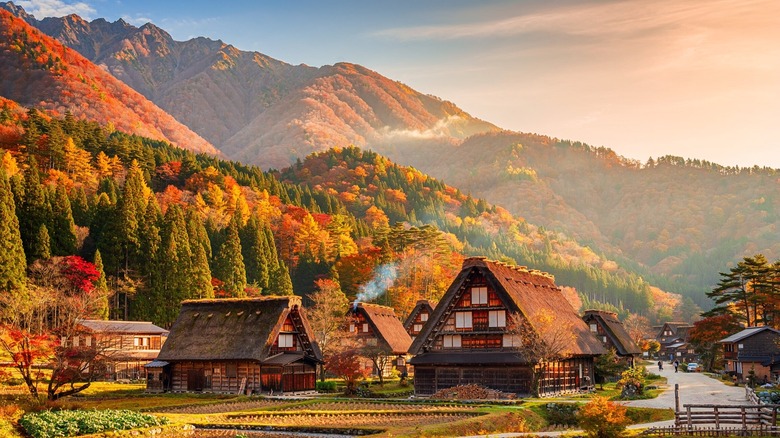 Traditional Japanese homes with tree-covered hills and mountains in the background during autumn