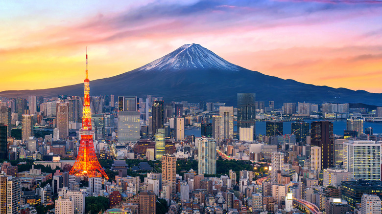 Aerial view of Tokyo cityscape with the red Tokyo tower standing tall in front of Mount Fuji in the distance during sunset