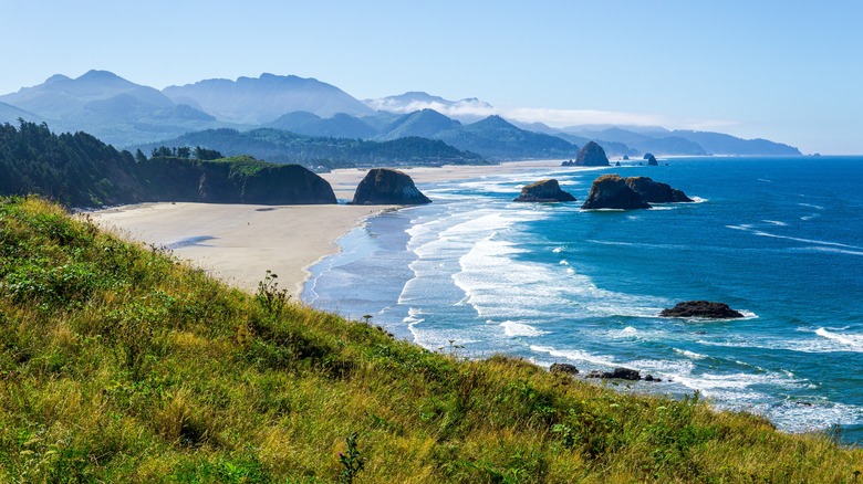 View of Cannon Beach in Oregon from distant overlook