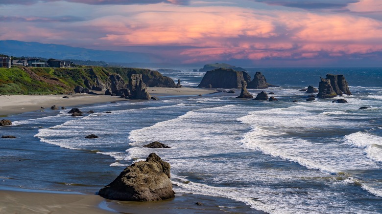 Sea stacks on Oregon beach at dusk
