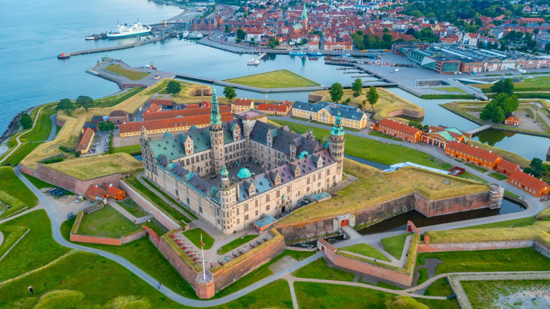 An aerial view of Kronborg Castle and the town of Helsingør