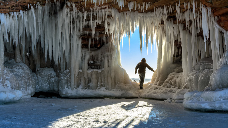 person in Wisconsin ice caves