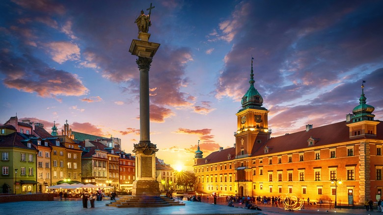 European town square at night