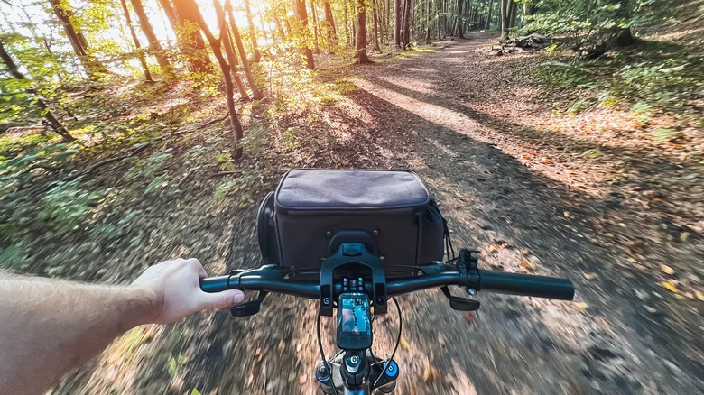 A POV shot of a mountain biker bombing down trail