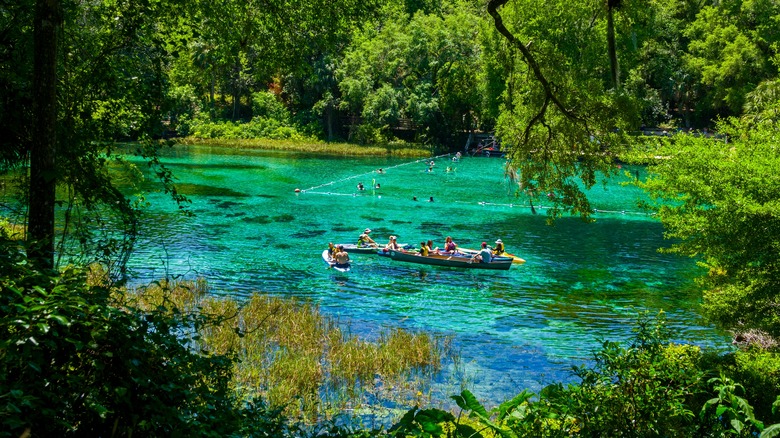 Kayakers and swimmers enjoy the pristine waters of Rainbow Springs, Florida
