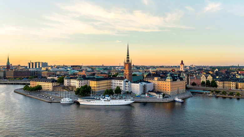 Aerial view of Gamla Stan with Riddarholmskyrkan church in foreground
