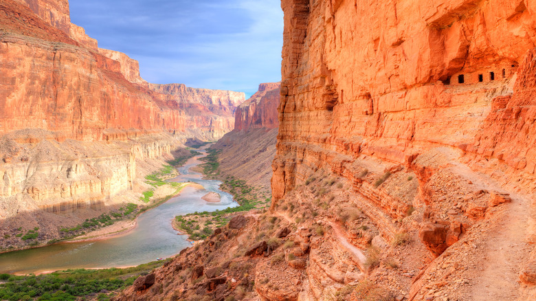 Canyon, river, and ancient granaries in rock