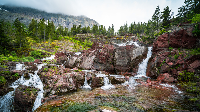 Redrock Falls cascading over rocks in Glacier National Park