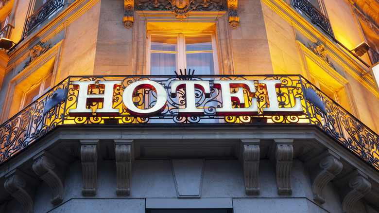 Hotel sign on building facade