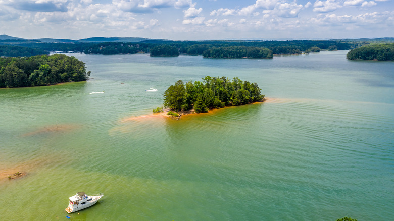 Overhead view of Lake Lanier with boat