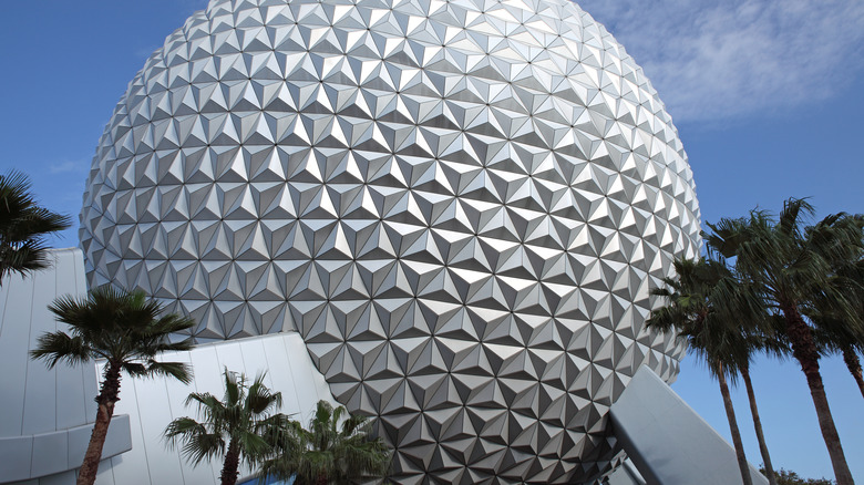 A close up of the exterior of Spaceship Earth in EPCOT at Disney World