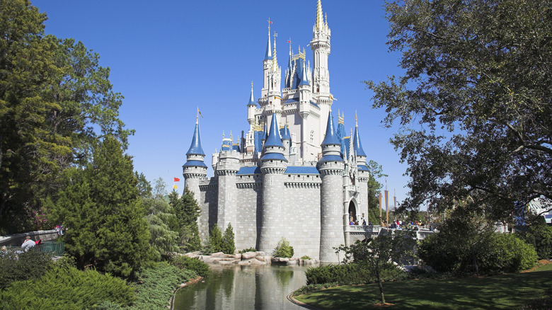 A view of the canal leading up to the castle in a Disney park.