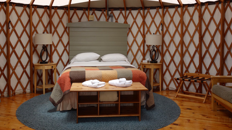 The inside of a yurt at Treebones Resort in Big Sur, California
