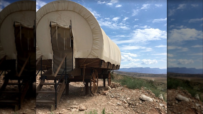 covered wagon lodging at Bar 10 Ranch