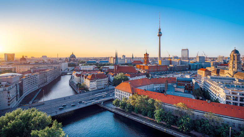 The skyline of Berlin during sunset.