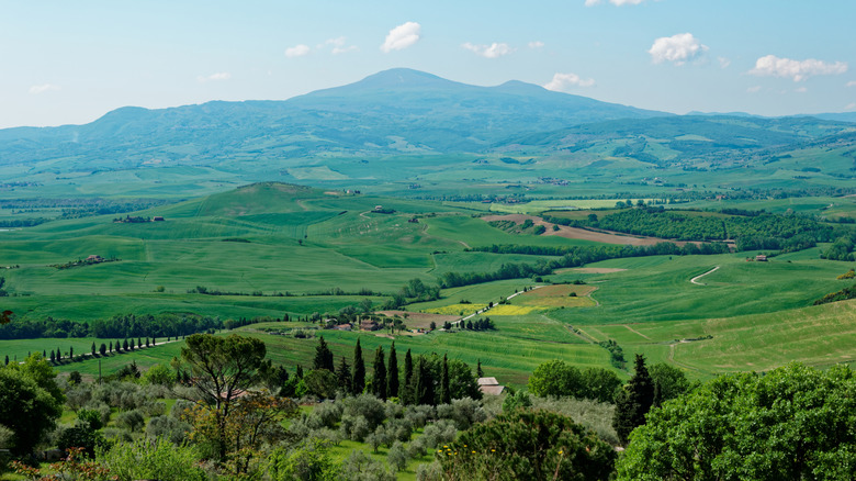 Tuscany in spring, wide angle shot of the hills and fields of the Della Pieve area