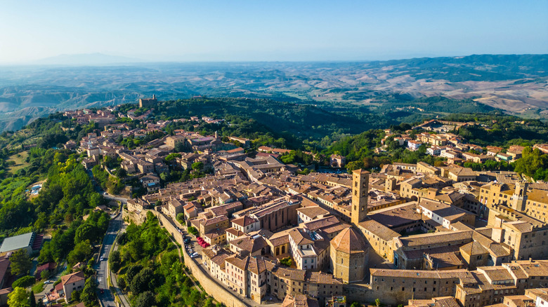 An aerial view of Volterra, a stunning medieval town in Tuscany, Italy,