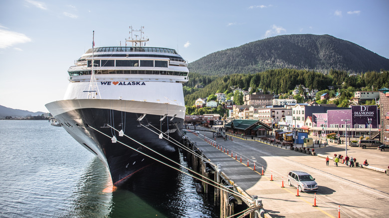 A cruise ship at a port in Alaska