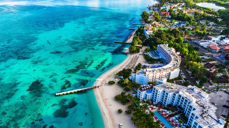 An aerial view of Montego Bay waterfront with hotel and beaches.