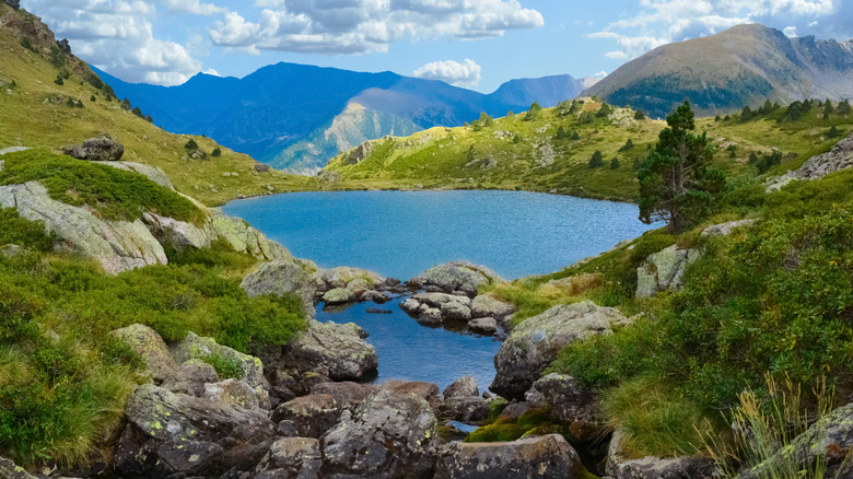 Mountains and lake in the Estanys de Tristaina lakes in Andorra.