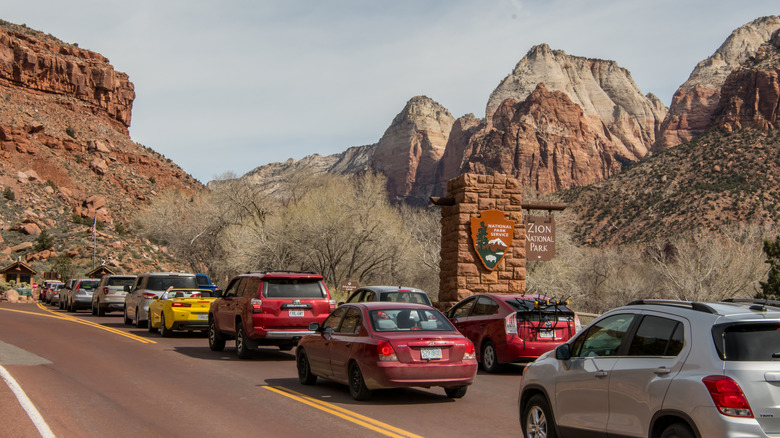 lines of cars waiting to get into Zion National Park