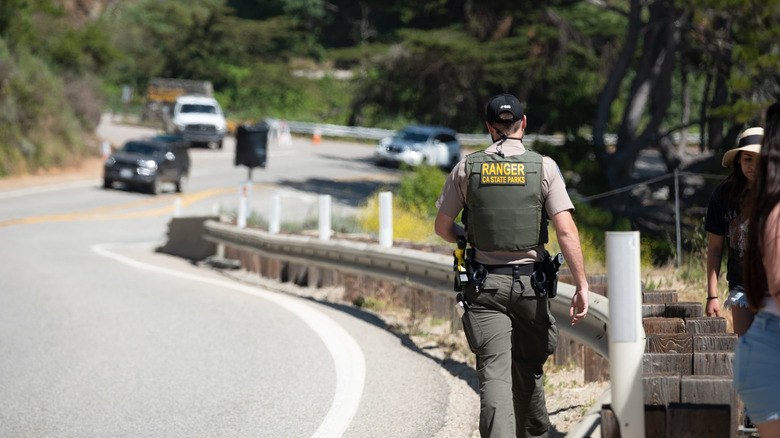An armed park ranger wearing a vest walking on the road.