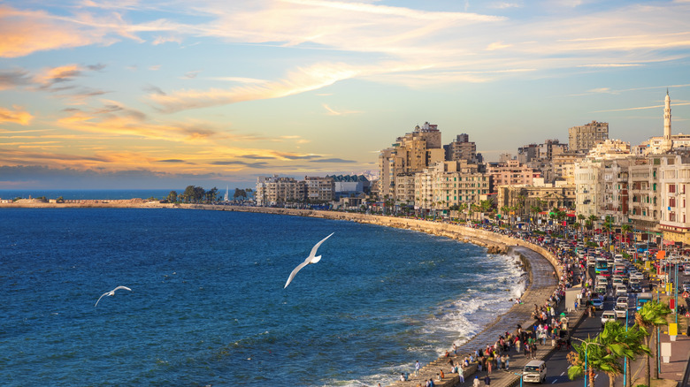 Egypt's Alexandria seacoast at sunset