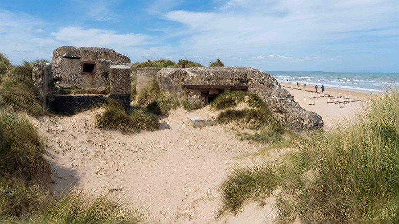 old concrete bunkers amid beach dunes and grass
