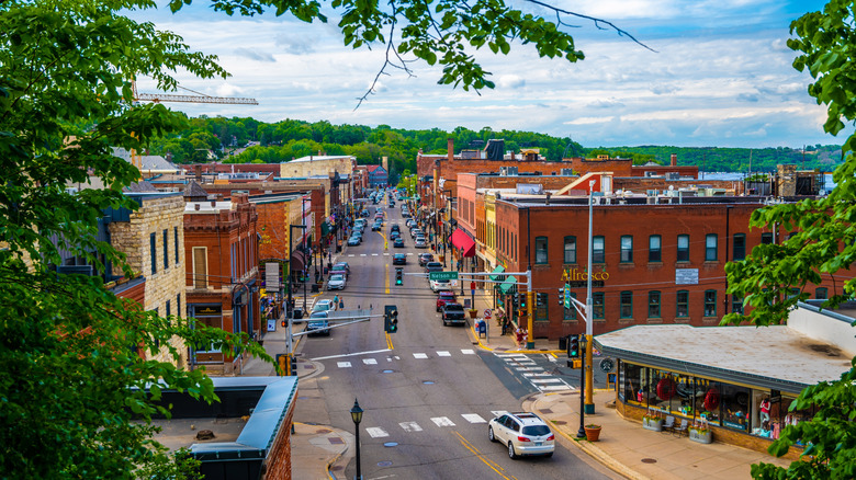 An aerial shot of scenic downtown Stillwater, Minnesota