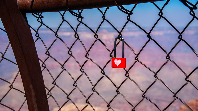 A single red love lock attached to a chain link fence overlooking the Grand Canyon