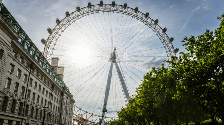 The sun shining on trees, buildings, and the London Eye